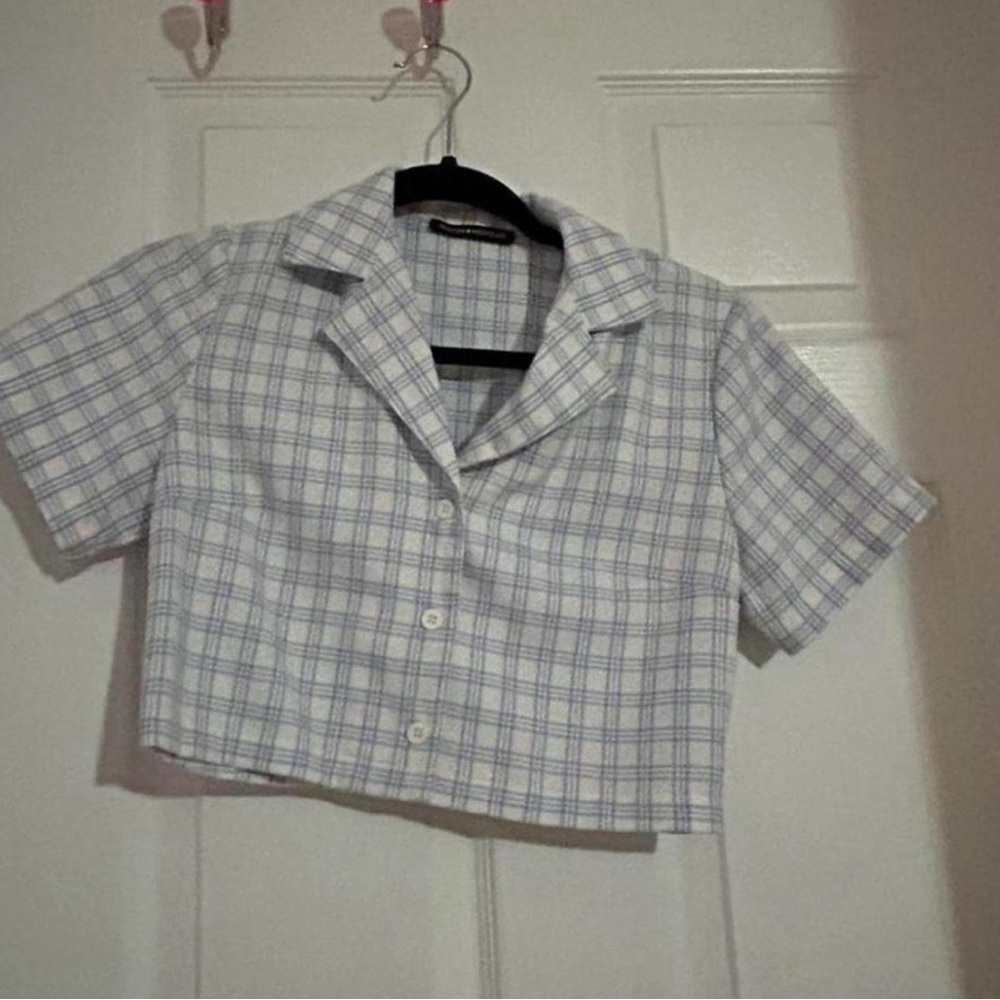 Brandy Melville Blue and White Plaid Button Down Shirt